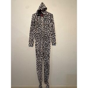 Jenni by Jennifer Moore Leopard Print Hooded Footed Fleece Union Suit XS